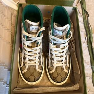 Gucci High-Top GG Canvas Sneakers in Beige & Green